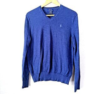 Polo Ralph Lauren Sweater Men's M Blue V Neck Washable Merino Wool Pullover
